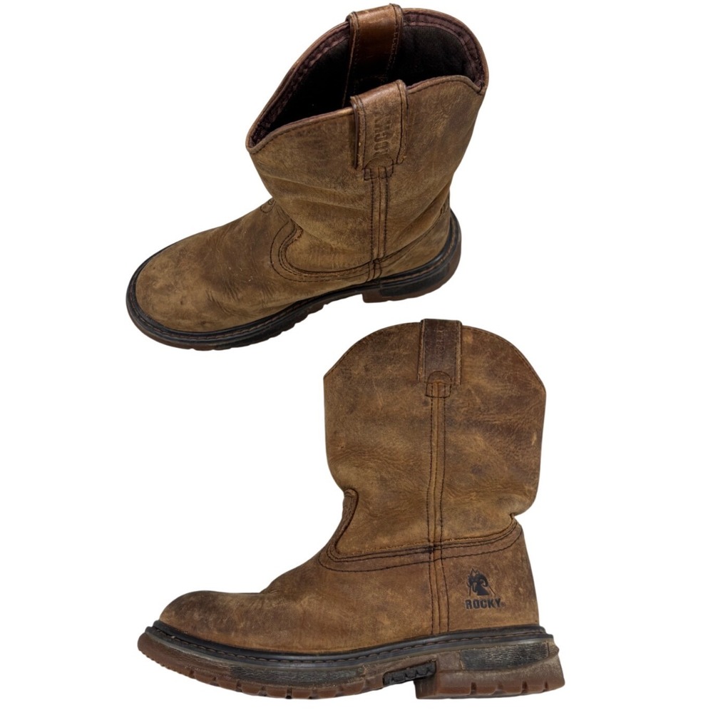 Rocky Kids Western Boots Brown Leather Waterproof Cowboy Roper Pull On Size 13